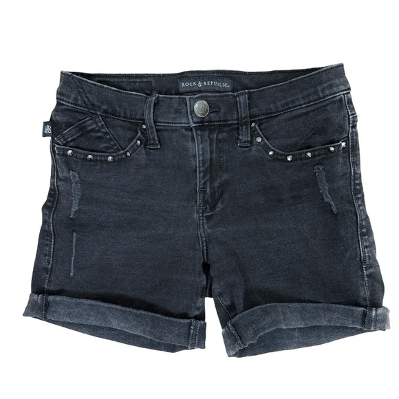 Rock & Republic Black Studded Cuffed Jean Shorts Sz 6 Distressed Festival Goth - Picture 1 of 15